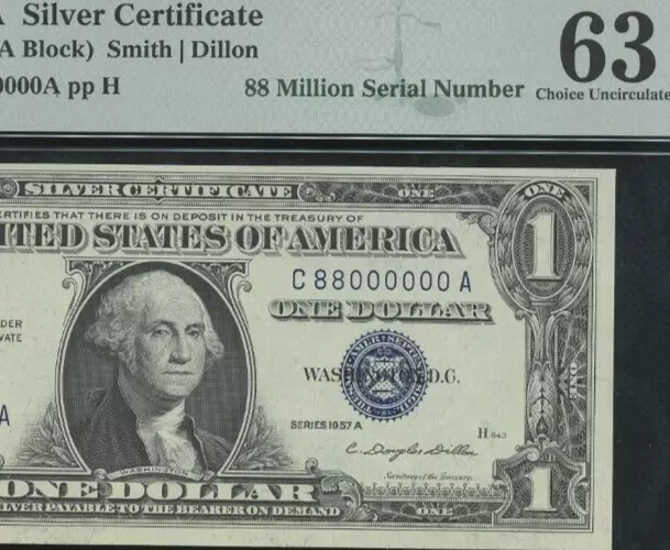 1957A Silver Certificate Fancy Serial  Fr# 1620 $1 dollar PMG 63 (88 Million)
