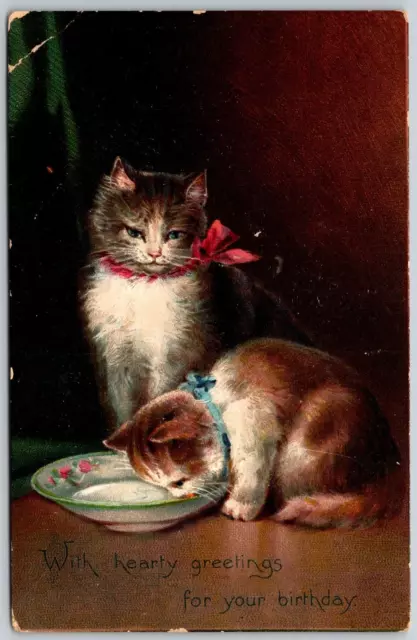 Postcard With Hearty Greetings for Your Birthday Tuck Kittens Bows Drinking Milk