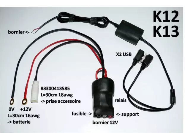 BMW Kit Relay Full Power 12v + x2 USB - 30/30/120cm - K1200 K1300 R/S/GT