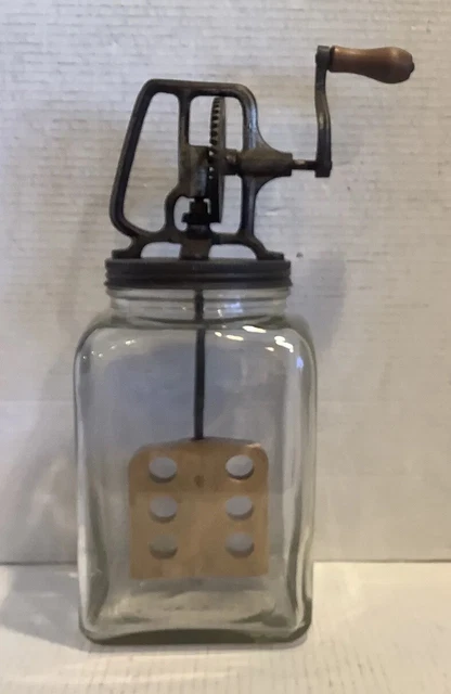Vintage Butter Churn Metal Crank Wood Paddle Square Glass Jar USA #6K4249 Vintage Butter Churn Metal Crank Wood Paddle Square Glass Jar USA #6K4249
