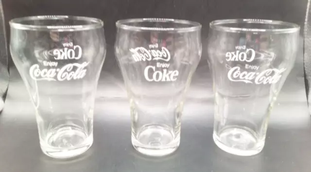 Set of 3 Vintage Enjoy Coca Cola Coke Glasses Clear Glass 8 oz 5" Bell Shape