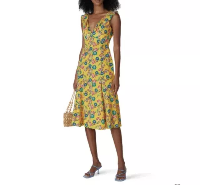 SALONI Dress Womens 0 Yellow Floral Holly Midi 100% Silk Sleeveless Ruffle