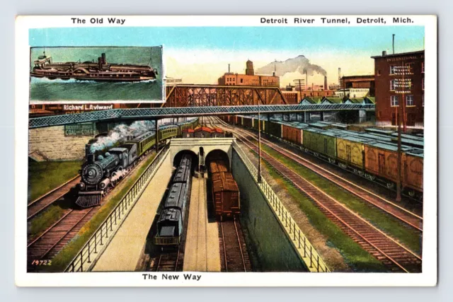 Postcard Michigan Detroit MI Railroad Train River Tunnel 1930s Unposted