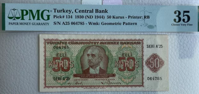 1930 (ND 1944) 50 Kurus, Turkey, Pick# 13 Central Bank PMG 35 (Choice Very Fine)