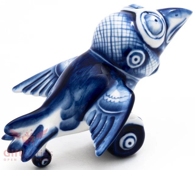 Russian Gzhel porcelain Raven Crow Bird - Aircraft - Pilot all in one