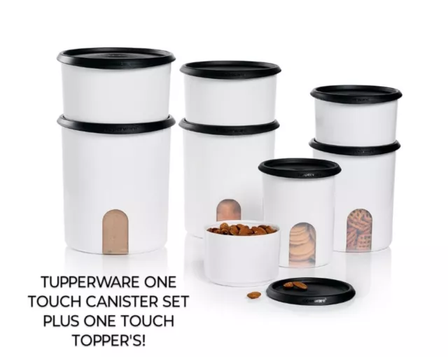 Tupperware Classic One Touch 8 PC Canister Black Seals Set 4 Large & 4 Toppers