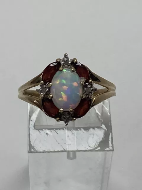 10K Yellow Gold Oval Shape Opal Garnet and Diamond Ring Size 7.25 Estate