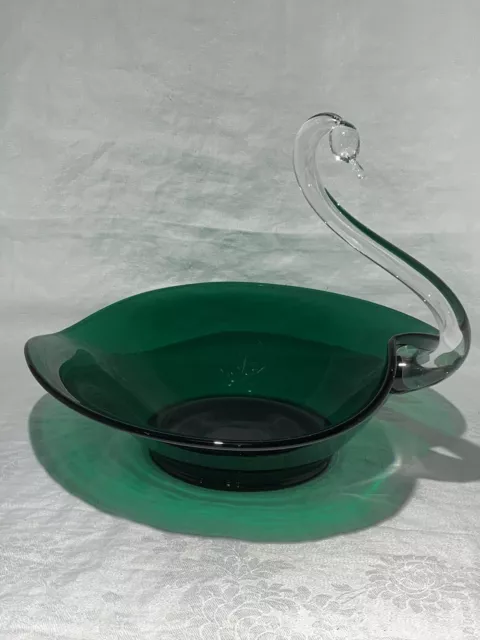 Vintage Duncan & Miller 12" Green And Clear Glass Swan Candy Dish Bowl