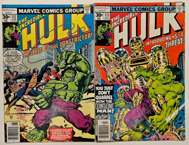 Marvel Comic Bronze Age Incredible Hulk 2 Key Issue Lot 212 213 Higher Grade VG