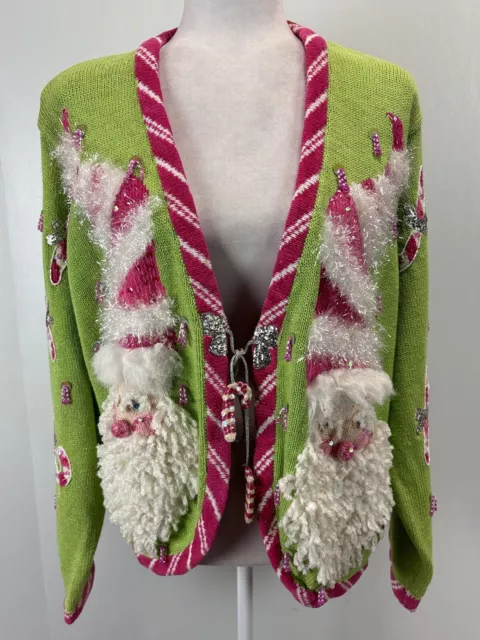 Vtg Womens Design Options Cardigan Sweater XL Christmas Santa Kitschy Fun