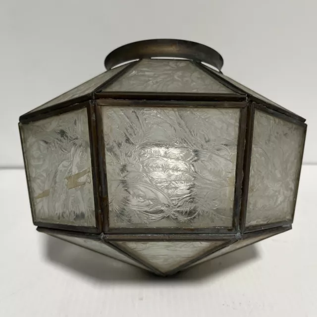 Vintage Brass Leaded Glass Shade Octagon Shaped Lamp Light Terrarium Planter