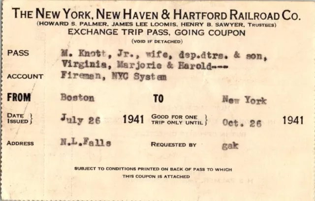Vintage 1941 New York, New Haven & Albany Railroad Trip Pass - Engineer