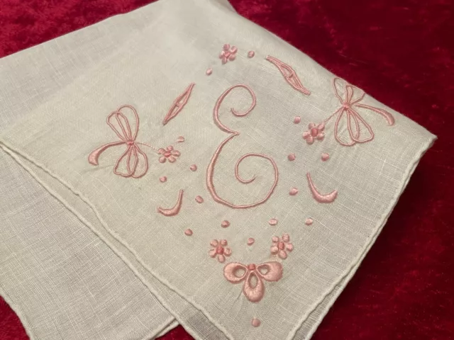 Fancy Vintage PINK Madeira Monogram “E” Bridal Wedding Handkerchief