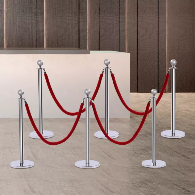 6PCS Stainless Steel Stanchion Post Set Queue Safety Crowd Control Barrier &Rope