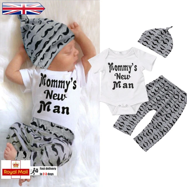 Newborn Baby Boys Gentleman Outfits Letter Romper Jumpsuit Pants Hat Set Clothes