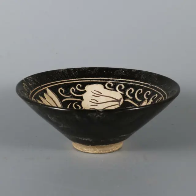 Chinese Song Jizhou Kiln Black Glaze Porcelain Carved Flowers Design Bowl 5.3"