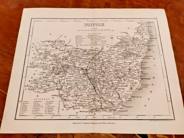 c1840s Rare Antique Original Suffolk County Map Archer Dugdales Print UK Anglia