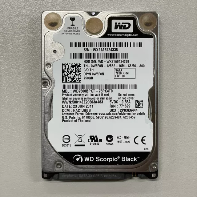 WD Scorpio Black 750GB 2.5" SATA HDD 3.0Gbps 7200 RPM 16MB Cache WD7500BPKT