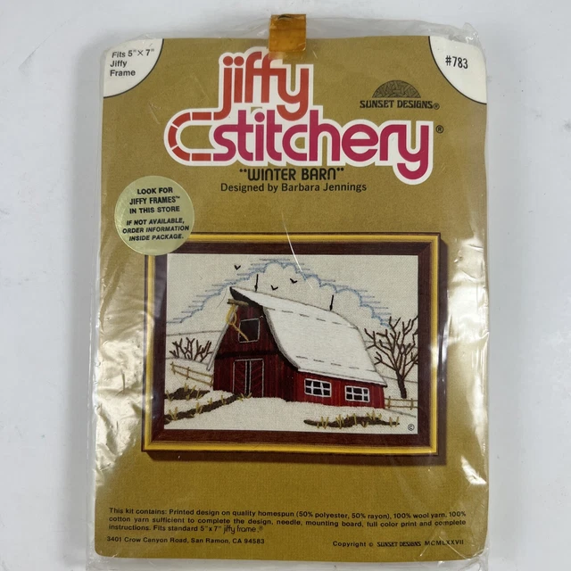 Kit de Colección Jiffy Stitchery Crewel Granero de Invierno Años 70 5x7"" Barbara Jennings Nuevo de Edición Sellado