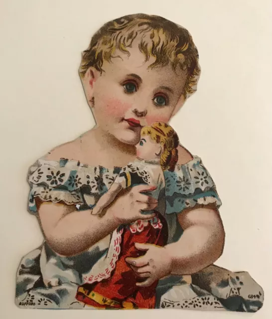 Victorian Trade Card Cut-Out Pretty Little Girl Holding a Doll *E038