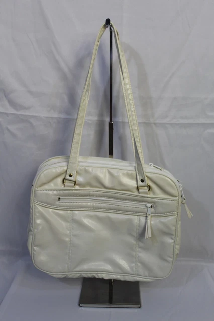 Vintage Purse 1980s White Vinyl 5 Compartment Double Handles Zippers Medium