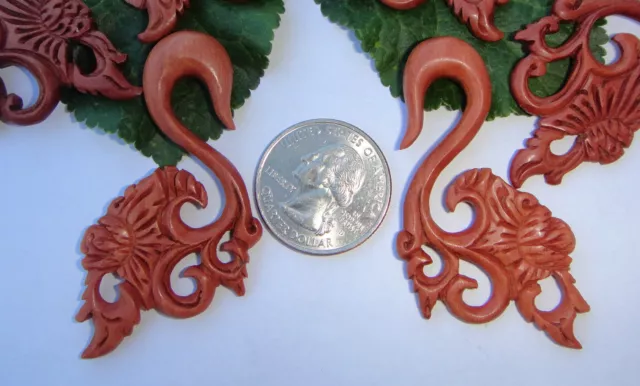 Pair Sawo Wood Hand Carving Tribal Floral Spirals Ear Hanging Hook Plugs Gauges
