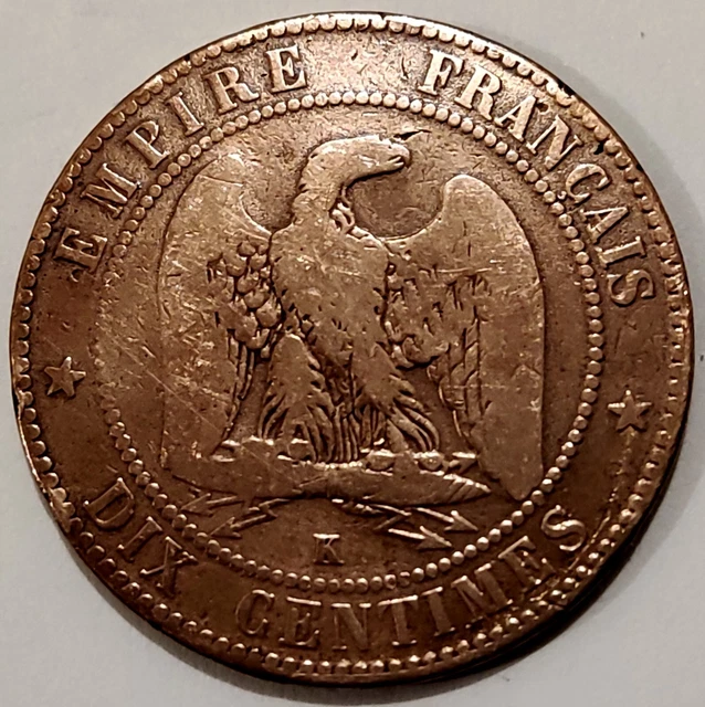 10 Cts / 1855 / Napoleon III / Tete Nue / K Bordeaux / Second Empire