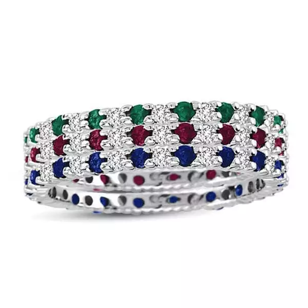 Suzy Levian 14K White Gold Diamond Sapphire Ruby Emerald Eternity Band Ring Set