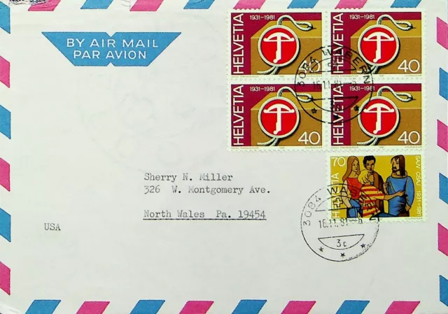 SWITZERLAND 1981 50th ANNIVERSARY OF SAJV CSAJ B4 + 1v ON AIRMAIL COVER TO PA.