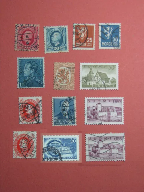 13 Vintage Stamps SWEDEN NORWAY FINLAND BELGIUM LITHUANIA 1891 - 1967