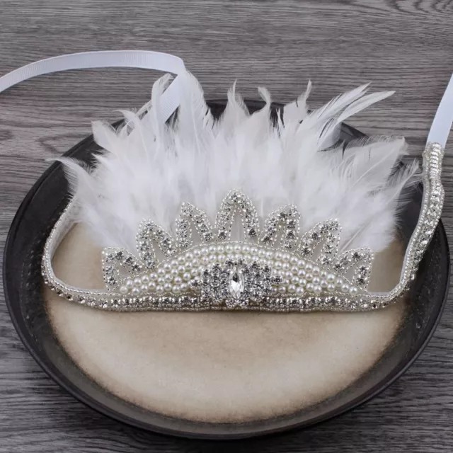 Feather Rhinestone Crown Headband - Tiara Solid Faux Pearl Party Hair Accessory