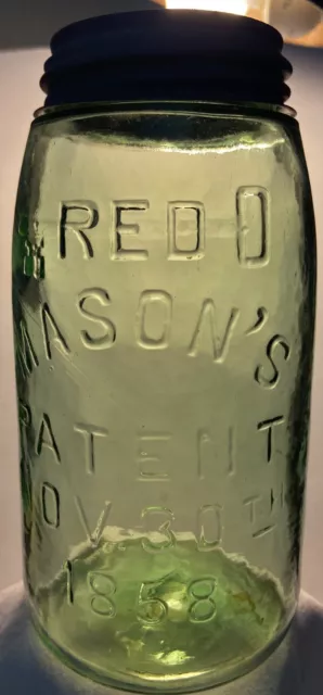 RED KEY MASON'S PATENT NOV. 30TH 1858 Sparkling Green Quart Fruit Jar W/Zinc Lid