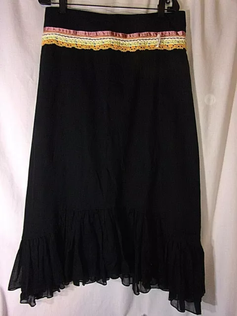 Free People Long Skirt Size 12 Boho Bohemian Black Cotton Multi Color Trim VNC