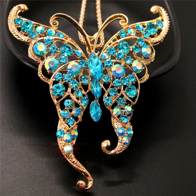 Fashion Women Bling Blue Rhinestone Cute Butterfly Crystal Chain Necklace 3