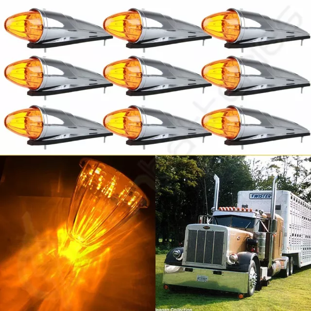 9XAmber Chrome Torpedo 17LED Cab Marker Light for Paccar Freightliner Semi Truck