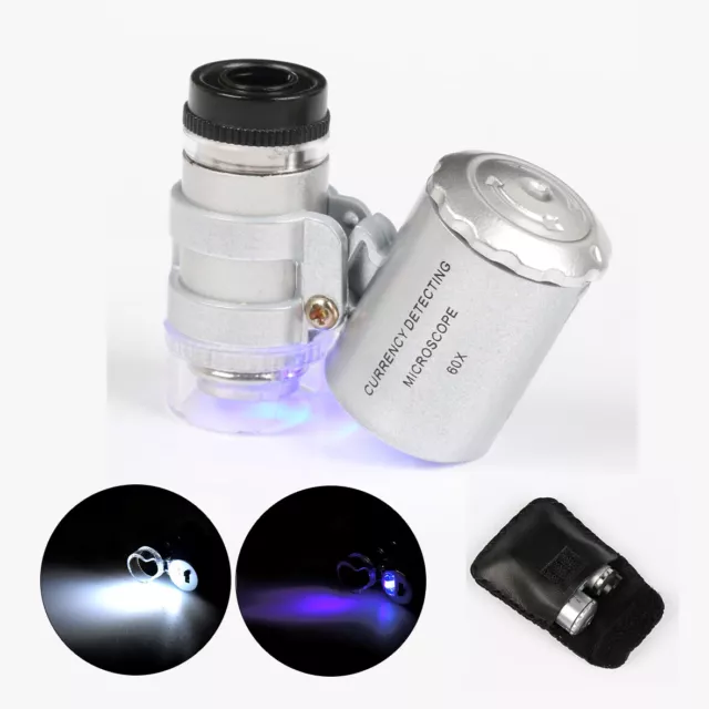 60x Pocket Microscope Magnifying Glass Jeweller Loupe Magnifier w/ LED UV Light