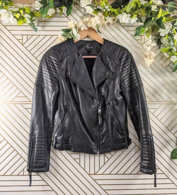 TOPSHOP Faux Vegan Leather Moto Jacket Womens Zip Up Biker  Black Size 4 READ