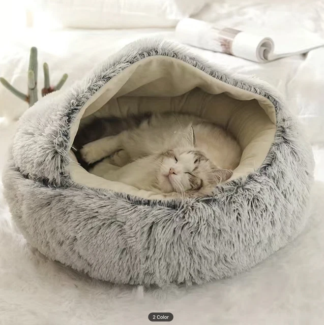 SOFT Pet Bed Cave Round Plush Fluffy Hooded Donut Self Warming Cozy Animal Bed