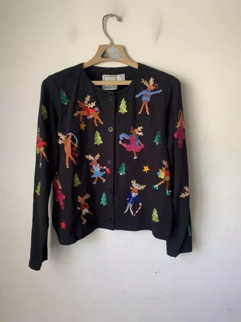 Michael Simon Lite Womens Cardigan Large Black Reindeer Christmas Art to Wear