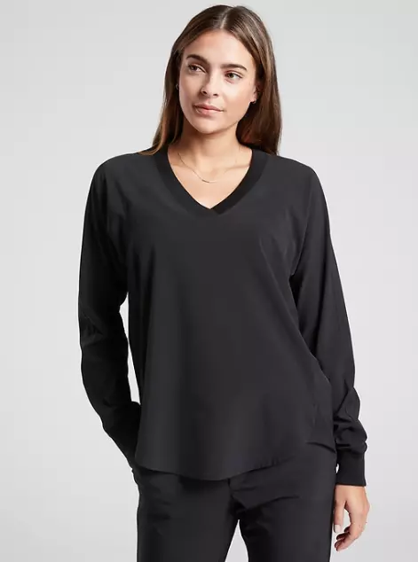 Athleta XXS Zephyr V-neck Black Top, Lightweight Long Sleeve Active Shirt NWT