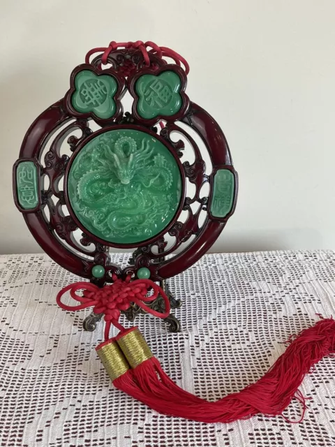 Chinese dragon faux jade with wood carvings & knotted rope wall hanging decor 3