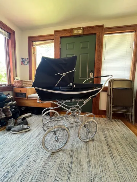 Vintage Navy Blue Baby Carriage Pram Stroller 