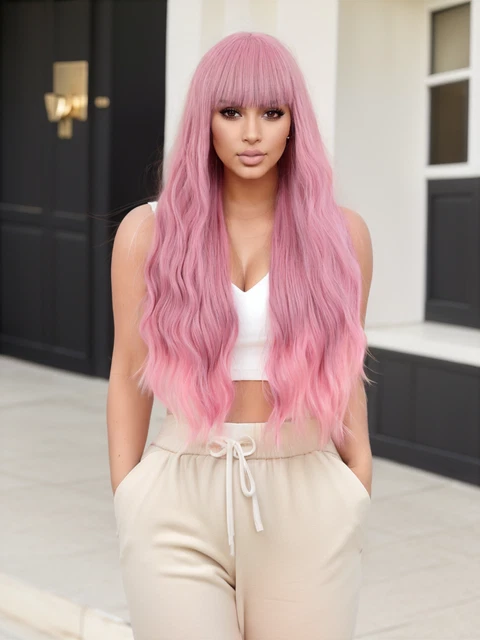 Perruque Longue Synthétique Rose Avec Frange Et Boucles - 70 Cm - Bonnet Moyen - Neuf Sans étiquettes