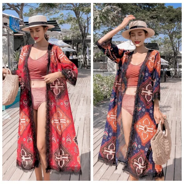 Donna Chiffon Cardigan Giacca Lunga Kimono Top Etnico Pizzo Vacanza Casual