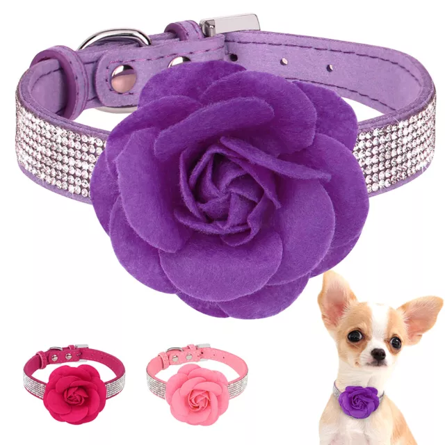 Diamond Dog Collar with Flower Soft Suede Leather Bling Rhinestone for Puppy Cat