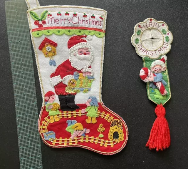 Vintage Christmas Bucilla Felt Sequins Finished STOCKING & DOOR KNOB, SANTA, ELF