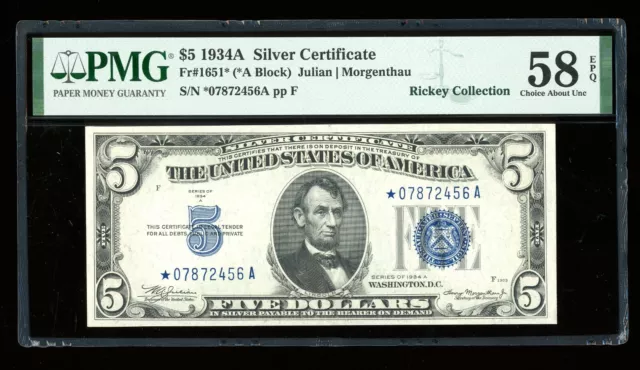 DBR 1934-A $5 Silver STAR Fr. 1651* PMG 58 EPQ Serial *07872456A