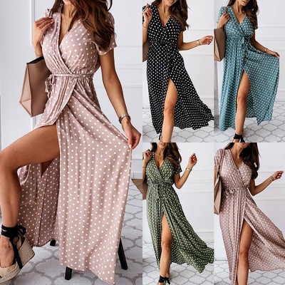Women's Boho Long Maxi Dress V Neck Party Casual Summer Holiday Beach Sundress