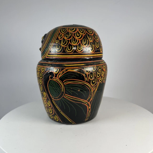 Vintage 5" Burmese Owl Lacquer Decorated Canister Box Container Burma Myanmar 3