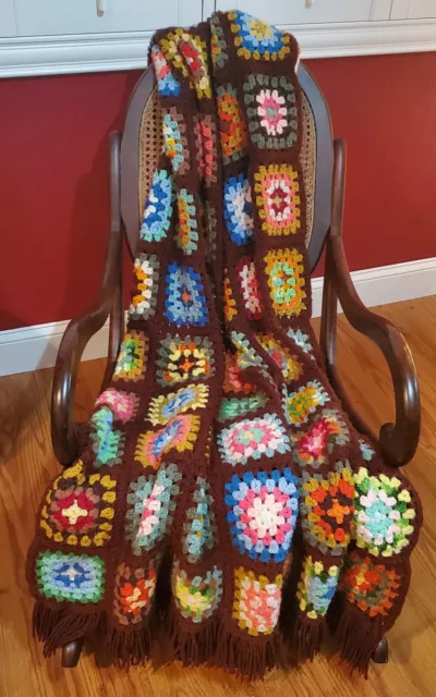 Crochet Afghan Blanket 68x42 Multicolor Roseanne's Granny Square Knit Free Ship!